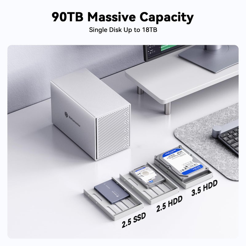 Yottamaster يُوتا ماستر حاوية قرص صلب خارجي 5 باي، ألومنيوم USB3.0 حاوية HDD بحجم 3.5 بوصة للقرص الصلب SATA بحجم 3.5 و 2.5 بوصة/SSD، تدعم 90TB(5x18TB) تخزين متصل مباشر DAS، غير RAID [PS500U3] - Image 3